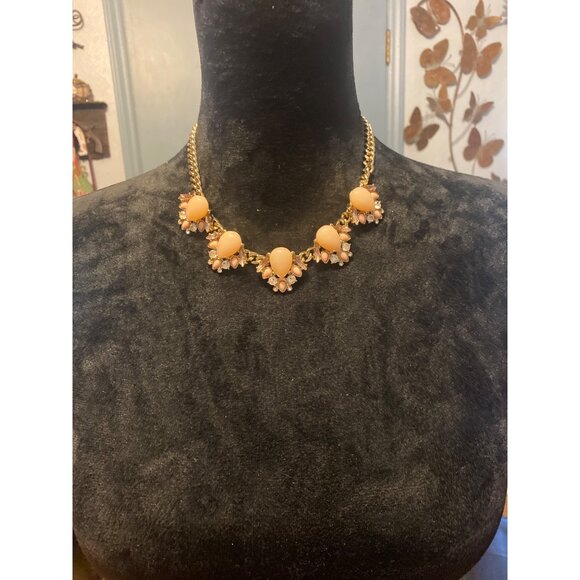 Express Necklace Gold Tone & Peach Floral Statement with Rhinestones 18” length - Picture 2 of 8